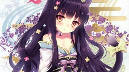 Sweet Neko - neko, vanilla, cat, girl, long hair, japanese, cg, game, japan, chocolate, kimono