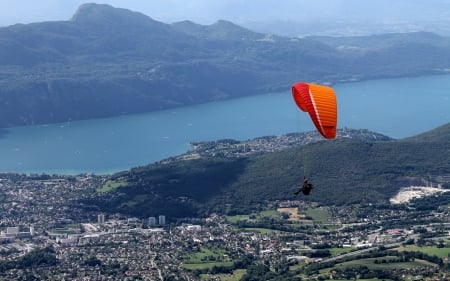 Paragliding - sky, lake, town, paragliding, mountains