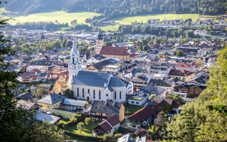 Schladming - village, houses, churches, fields