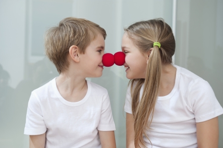 Little love, big love - nose, couple, girl, valentine, child, copil, clown, children, red, boy, cute