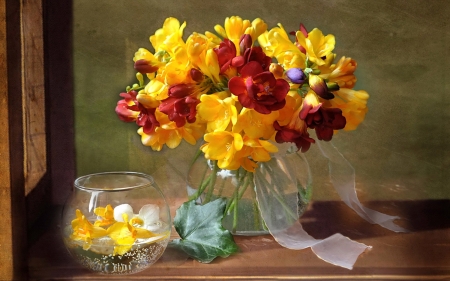 Freesias - vase, yellow, red, freesia, flower, bouquet, glass