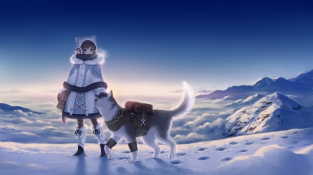 Cold day - husky, anime, winter, blue, girl, dog, manga, white, megumu