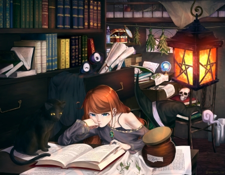 Learning - book, black, anime, girl, manga, pisica, tagme, lantern, room, light