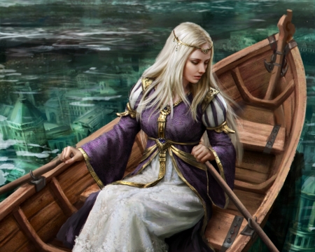 Atira - woman, girl, water, fantasy, art, game, luminos, anotherwanderer, legend of the cryptids, atira, blonde, boat