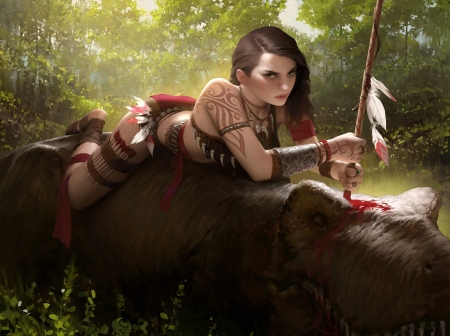 Relaxing - fantasy, animal, girl, benjamin walfridson, art