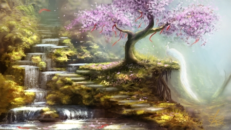 Spring - art, pink, tree, waterfall, spring