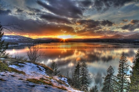 Lake Pend Oreille, Bonner County, Idaho - clouds, trees, winter, sunset, snow, reflection, sky