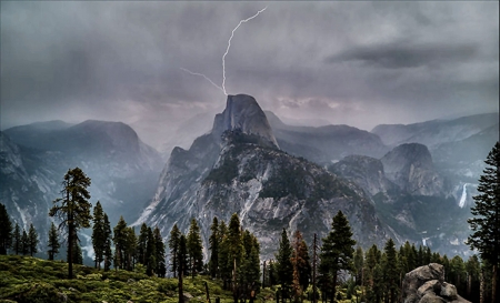 Half Dome Struck by Lightning F - wide screen, california, national park, landscape, photography, half dome, nature, yosemite, beautiful, scenery, usa, photo