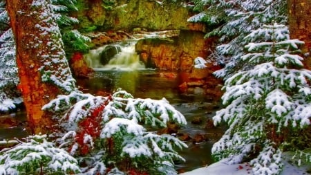 WATERFALL - trees, nature, water, snow