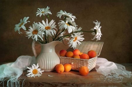 DAISIES - stems, petals, fruit, vase