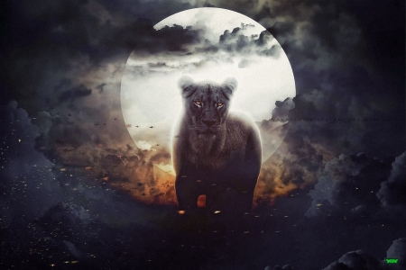 Moonlight - moon, fantasy, naradjou14, mist, lion, art, luminos, luna