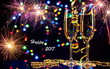 Happy 2017 - glitter, sparkling, glasses, fireworks, decoration