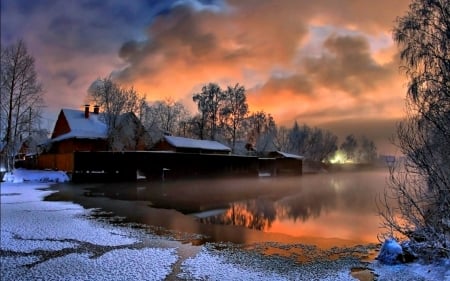 Countryside Winter - sky, ive, trees, clouds, snow, river, house