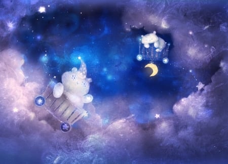 Winter bears - moon, winter, blue, stars, smokepaint, bear, fantasy, white, purple, cloud, art, luminos, sky, luna