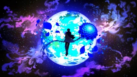 Space flower - moon, anime, blue, silhouette, flower, man, space, manga, fantasy, purple, luminos, luna