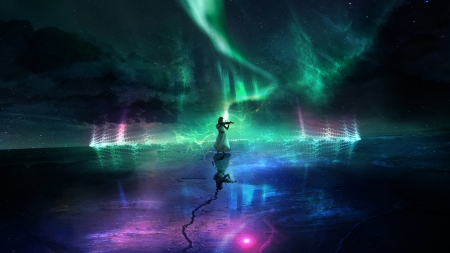 Aurora's song - aurora borealis, girl, instrument, creative, black, fantasy, pink, green, violin