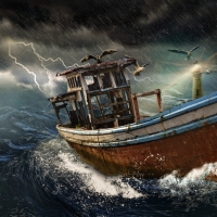 Old Boat in Stormy Ocean