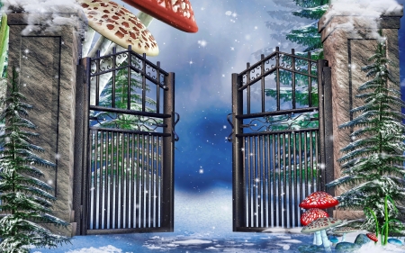 Garden gate with mushrooms - mushrooma, gate, winter, snowflakes, beautiful, garden, snow, snowfall