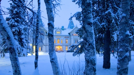 Fjallnas castle, Gallivare-Sweden - trees, winter, beautiful, Sweden, snow, forest, lights, frost, dusk, castle