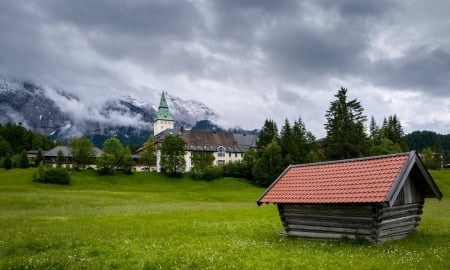 Chloss Elmau,Germany - clouds, trees, fog, meadow, german, nature, hotel, mountains, houses, castle