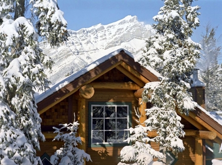 Buffalo Mountain Lodge, Banff NP, Alberta - trees, canada, cabin, snow, mountains