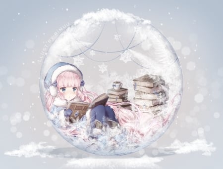 Girl - white, winter, blue, book, girl, rimuu, glass ball