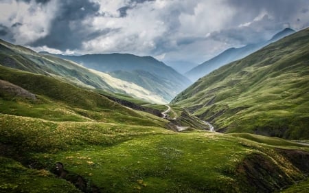 Mountains - path, clouds, mountains, green