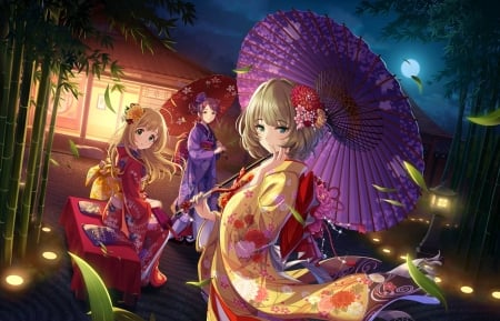 Idolmaster Girls - girls, idolmaster, night, japanese, pretty, japan, umbrella, oriental, house, kimono, friends, cute