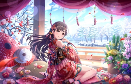 Kobayakawa Sae - girl, idolmaster, long hair, japanese, cg, pretty, japan, game, pink, anime, oriental, kimono, cute