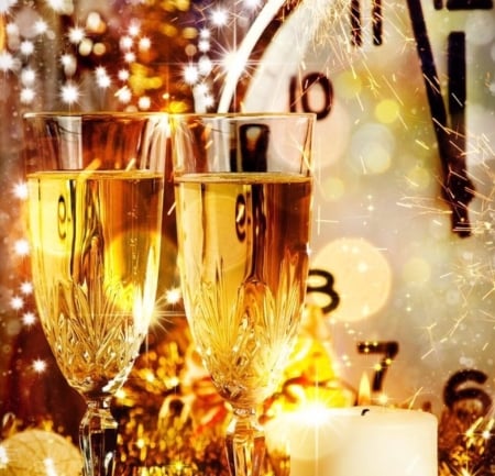 New Year - wine, Glasses, Holiday, clock, hours