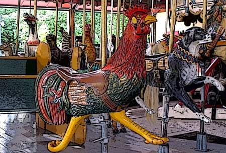 The Race Is On - chicken, theme park, merry-go-round, carousel, dog, pup, entertainment, rooster, amusement park, amusement, animals