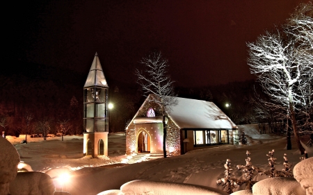 Winter Night - winter, night, tree, church