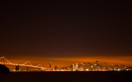 Golden Gate Bridge At Night   - california, pacific, san fransisco, nature, modern, skyline, city lights, architecture, bridge