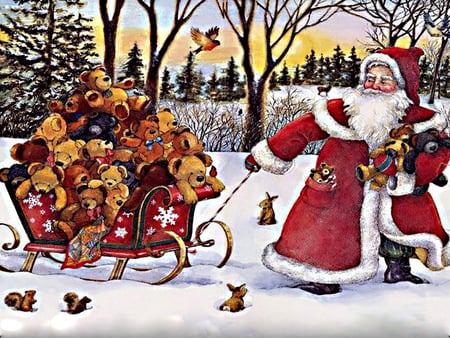 Santa And His Teddy Bear Sleigh - christmas, sleigh, santa, trees, teddy bears, snow