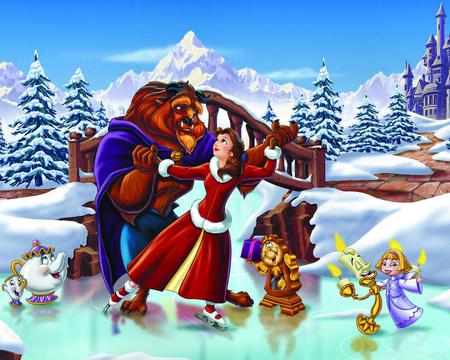 The Beauty and the Beast - beauty, dance, skiing, winter, art, cartoons, abstract, beast, snow, 3d, castle