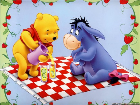 winnie and eeyore picnic wallpaper - yellow eeyore, red, blue