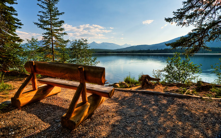 Panoramic Tranquility - nature, lakes, sky, lake, trees, river, water, bench