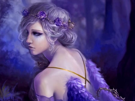 Fantasy Women - flower, rose, women, girl, frumusete, wreath, blue, art, wings, fantasy, luminos, angel