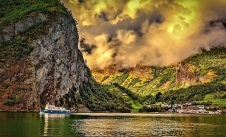 Lake - village, sea, lake, mountain, sky