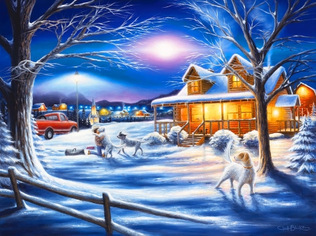 Welcome home - pretty, warmth, snow, dog, home, countryside, frost, friends, art, cottage, house, winter, love, moonlight, welcome, lights, cold