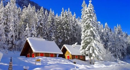 Winter cottages - trees, winter, beautiful, snow, landscape, scene, forest, mountain, cottages, houses, sky