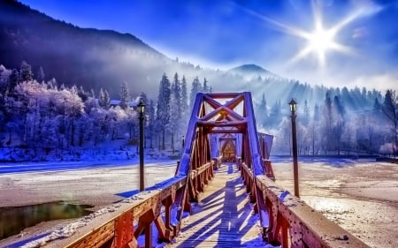 Winter bridge - rays, sky, landscape, mountain, winter, snow, beautiful, frost, bridge, scene