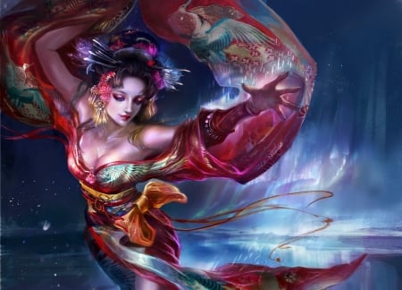 Spirit - rongrong wang, spirit, blue, girl, kimono, superb, frumusete, fantasy, hand, gorgeous, red, woman, art, luminos