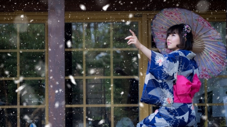 Snowflakes - woman, girl, winter, snowflakes, asian, model, pink, blue, umbrella, kimono