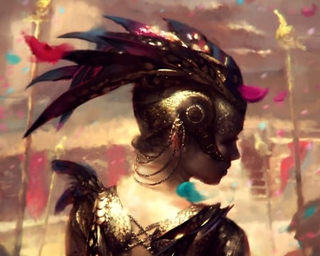 Knight - profile, girl, wei feng, petals, pink, knight, armor, fantasy, helmet, art, luminos