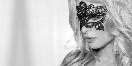 Beauty - girl, blonde, beauty, black, white, mask, woman, model, bw