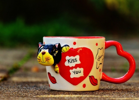 Kiss you - heart, funny, red, valentine, figurine, kiss, cup, cat