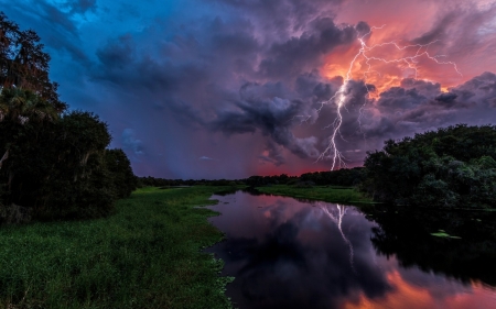 Lightning - clouds, flashlight, thunderstorm, river, landscape, sky