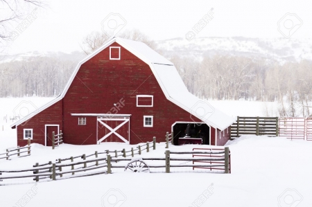 snow covered barn - white, snow, red, barn