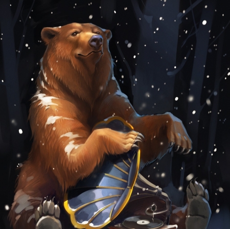 Mr. Bear who loves the Jazz - bear, snowflakes, fantasy, winter, gaudibuendia, luminos, art